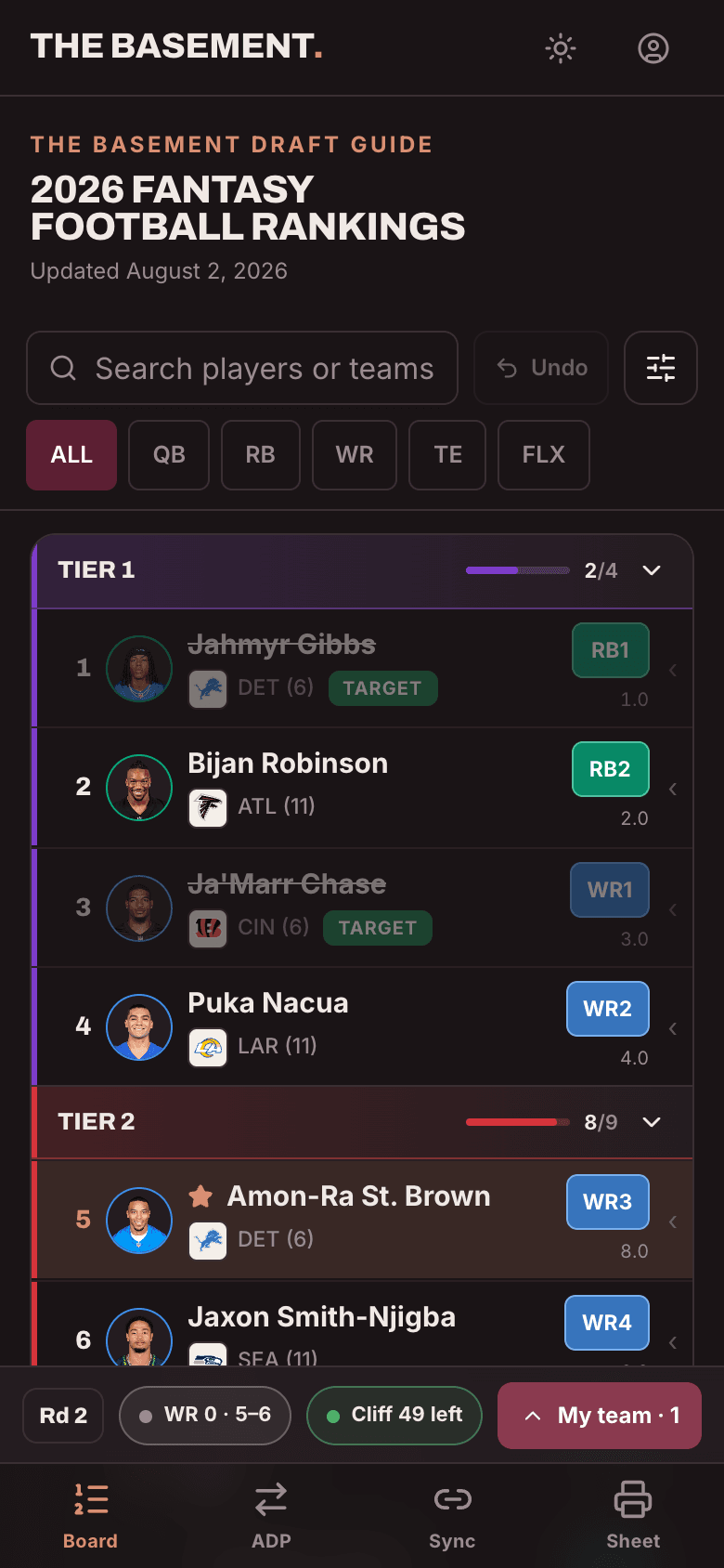The same rankings board on a phone, with tier headers, position filters and the draft-day bar.